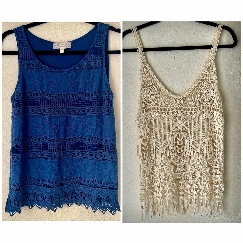 Bundle (2) Pink Republic Boutique Crochet Open Knit Boho Lace Tops Fringe